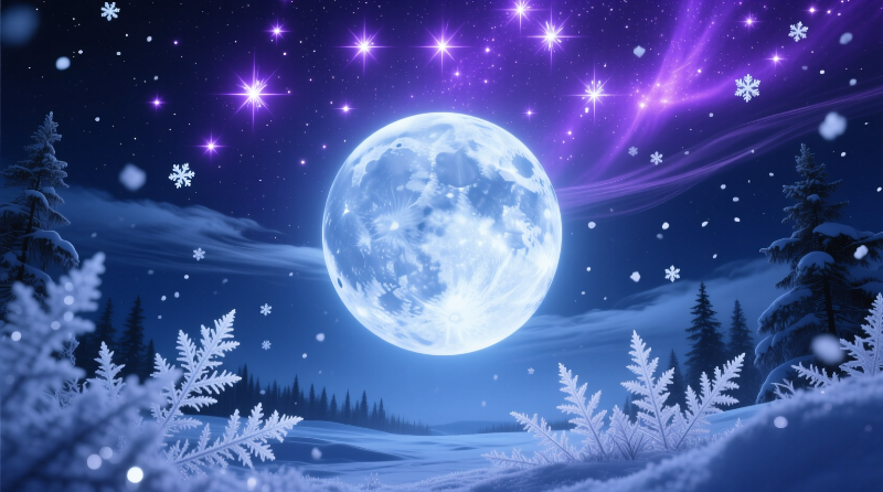 Зимнее небо с луной над бескрайними снежными просторами