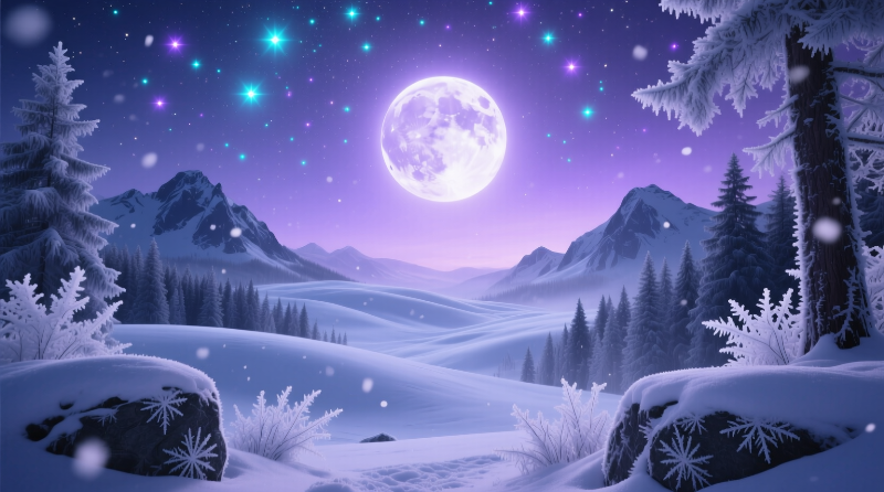 Иней на ветвях под зимней луной