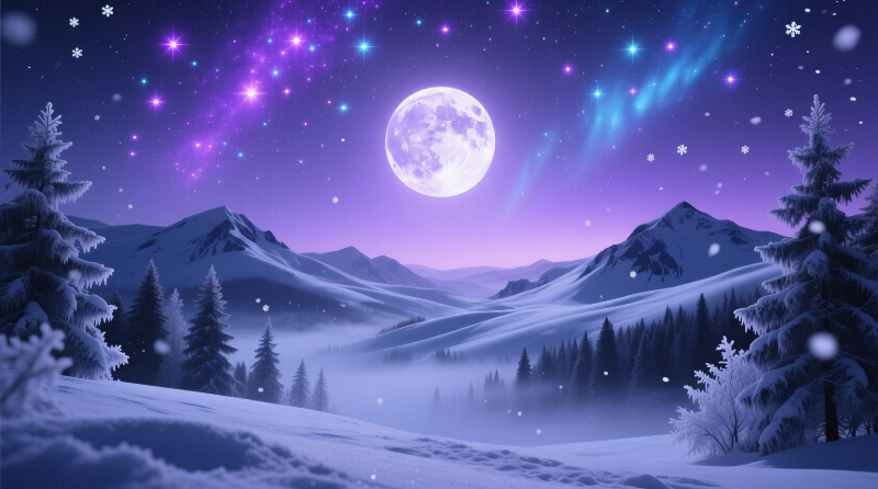 Полная луна освещает заснеженные горы